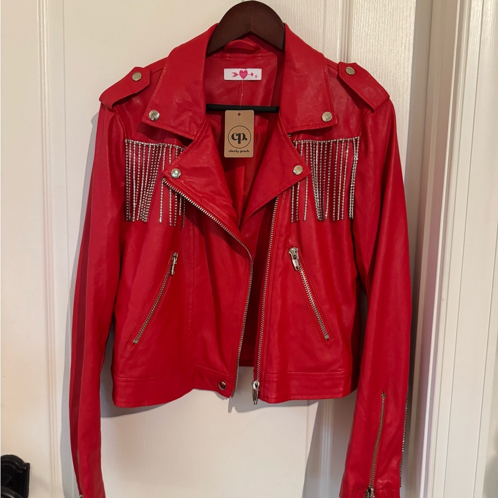 Buddy Love Vibrant Red Faux Leather Jacket with Rhinestone Fringe